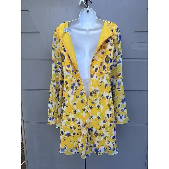 Mac Duggal yellow floral bell sleeves chiffon Mini dress party wedding Sz 10 - Picture 11 of 16